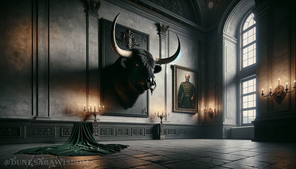 ..the mounted bull’s head and the oil painting of the Old Duke Atreides, the late Duke Leto’s father. They filled the Baron with an odd sense of foreboding, and he wondered what thoughts these talismans had inspired in the Duke Leto as they hung in the halls of Caladan...