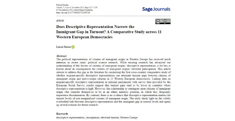 IN NEW ISSUE: Does descriptive representation narrow the #immigrant gap in turnout? @LucasGeese examines this issue based on @ESS_survey data in a comparative study across 11 Western European Democracies: ow.ly/4fzS50HTUX3 (OA) @SAGECQPolitics @PolStudiesAssoc #freeaccess