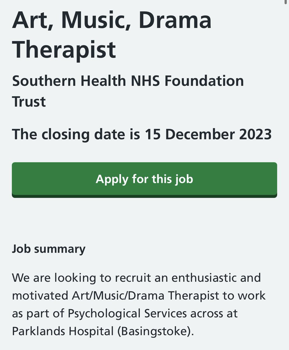 Are you an Art, Music or Drama Therapist looking for an exciting new opportunity? 

If so, check out this job! We are recruiting for a new full time A/D/M Therapist for our acute adult mental health inpatient service in Basingstoke. 

jobs.nhs.uk/candidate/joba…