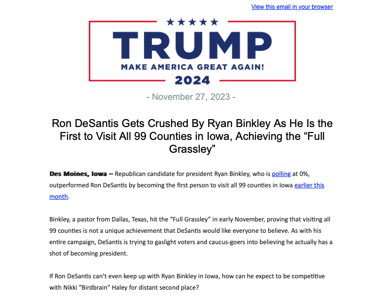 TeamTrump's tweet photo. Ron DeSantis Gets Crushed By Ryan Binkley As He Is the First to Visit All 99 Counties in Iowa, Achieving the “Full Grassley” https://t.co/RQ3q70qIS0