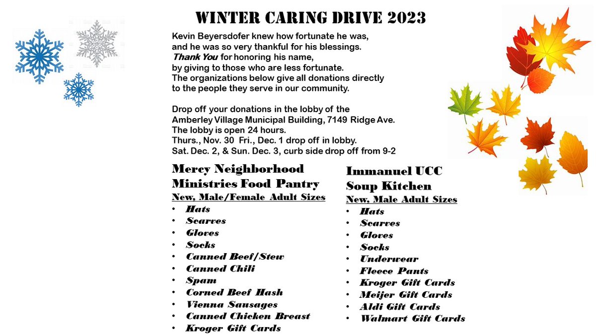 Join Amberley Village in supporting the 2023 Winter Caring Drive, and honor the memory of Village resident Kevin Beyersdofer. nextdoor.com/city/post/3058… via <a href="/Nextdoor/">Nextdoor</a>
