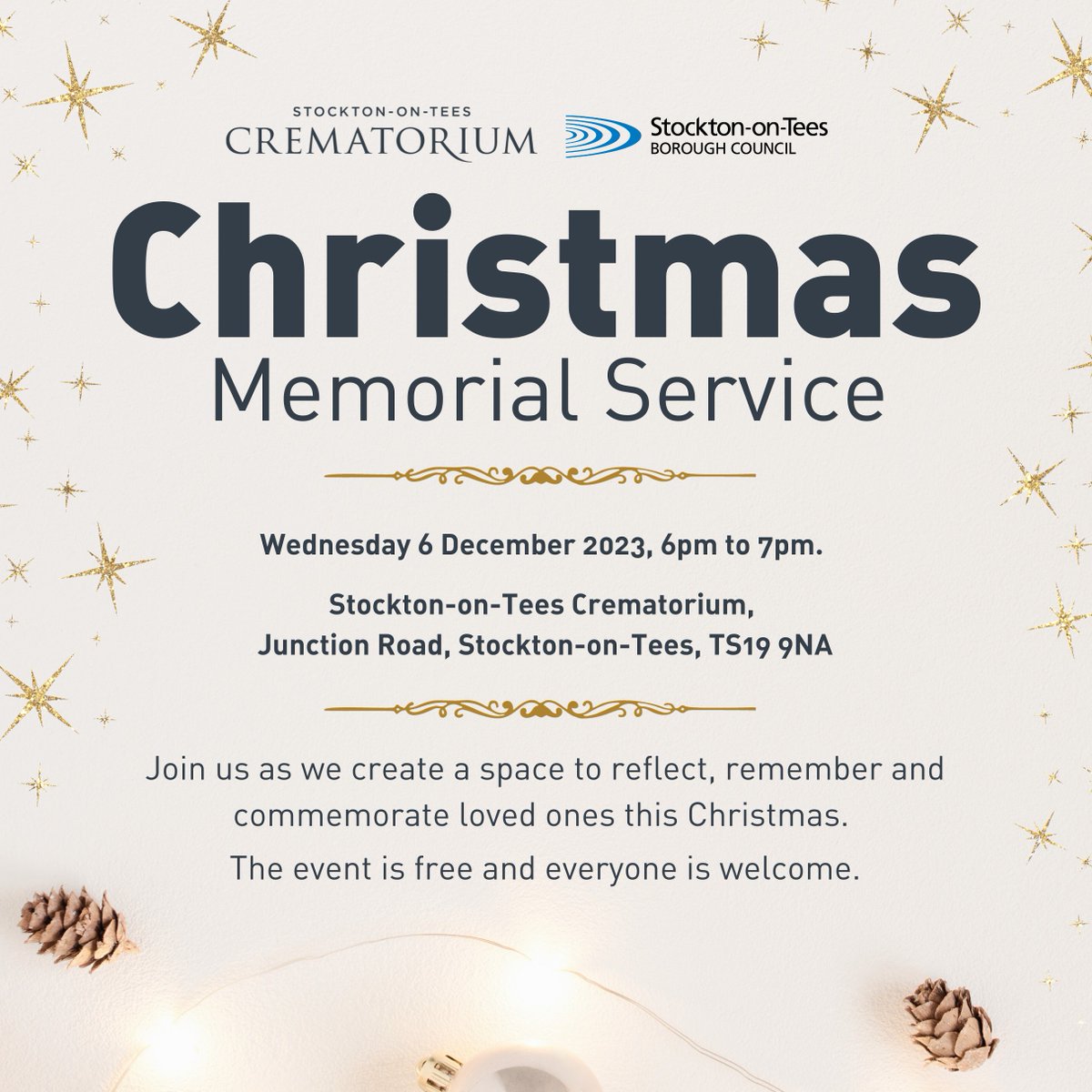 🎄 On Wednesday 6 December, from 6pm to 7pm, you can attend a special Christmas service at the Stockton-on-Tees Crematorium (TS19 9NA).

❤️ The event is free, and everyone is welcome.

ℹ️ For more information about the Stockton-on-Tees Crematorium, visit stocktoncrematorium.co.uk