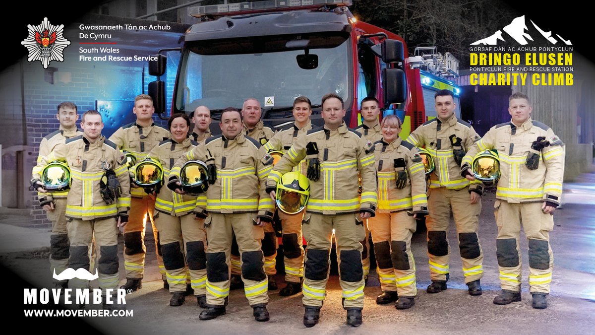 SWFireandRescue's tweet photo. ⛰️ Firefighters from #Pontyclun will be scaling new heights this Saturday (2nd December) by climbing the 8️⃣8️⃣6️⃣metres to the peak of Pen y Fan in full fire kit, raising funds for @MovemberUK
 
If you'd like to support their challenge 👇
🔗 https://t.co/KyYIN3P8N5

#Movember https://t.co/Gnsje0Ayen