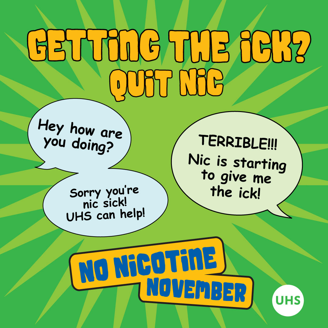 If you're starting to get the ick from nicotine, learn about how UHS can help.  Visit uhs.wisc.edu/wellness/quitt… to learn more about making a personalized quit plan.  

#NoNicotineNovember #NoNicNovember #SmokingCessation #QuitVaping #GreatAmericanSmokeout #QuitSmoking