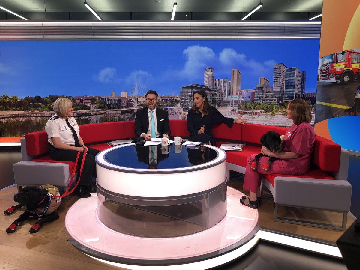 HertsFireDog's tweet photo. Great to be invited back to @BBCBreakfast this morning and talk to the lovely @sallynugent and @jonkay01 about Reqs #PDSAOrderOfMerit. Loki came along too and was very well behaved 🐾

#RedSofa #BBC #FireDogs #GoodBoys https://t.co/t4oxVuHI10
