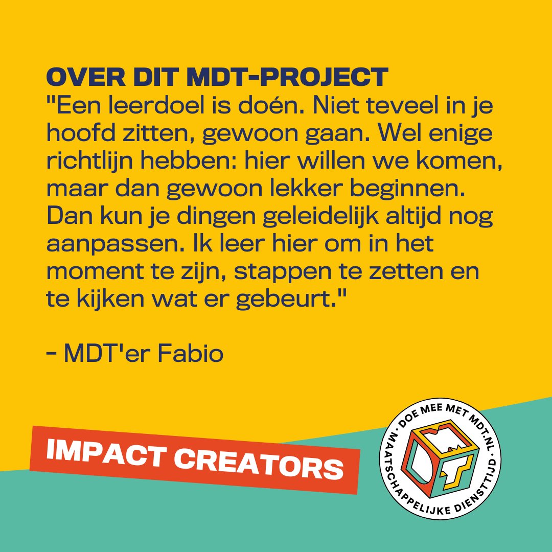 Tijdens een #MDT-project bij #ImpactCreatorsAmsterdam ontwikkelen jongeren zich en maken ze tegelijkertijd Amsterdam socialer en mooier. Ze gaan sociaal ondernemen, helpen mensen met vrijwilligerswerk of leren hoe ze hun netwerk kunnen inzetten. Lees meer: doemeemetmdt.nl/projecten/impa…