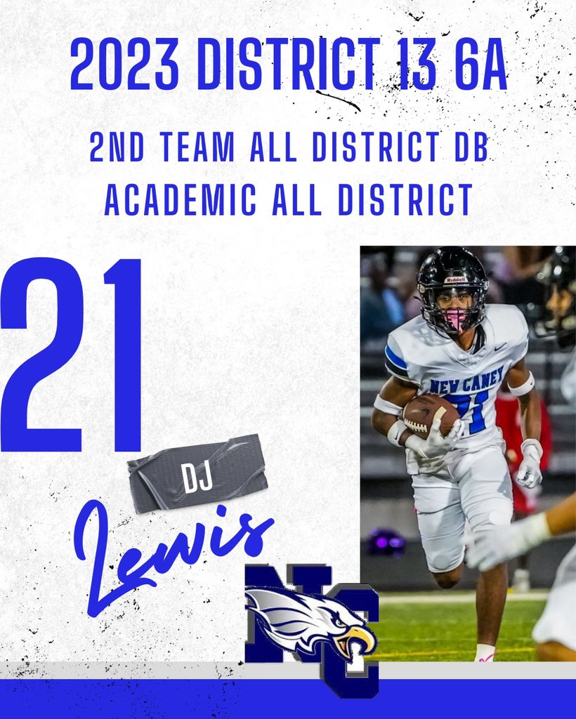 NCEagleFootball's tweet photo. Congratulations to @DIJONLEWIS0 on receiving the honor of 2023 District 13-6A 2nd Team All District Defensive Back and Academic All District. Congratulations on a great year on the field and in the classroom , well deserved!#TPD #WeAreNewCaney https://t.co/RyhkNzfObk
