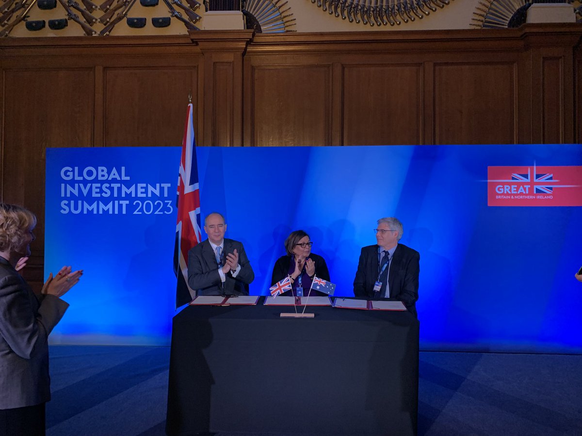 DBTInvestment's tweet photo. Delighted to sign the £10bn MoU with @IFM_Investors today at #GIS23 for green transition and infrastructure projects.

The UK has proven itself today as one of the best places in the world to invest. https://t.co/4fcenZwT3f