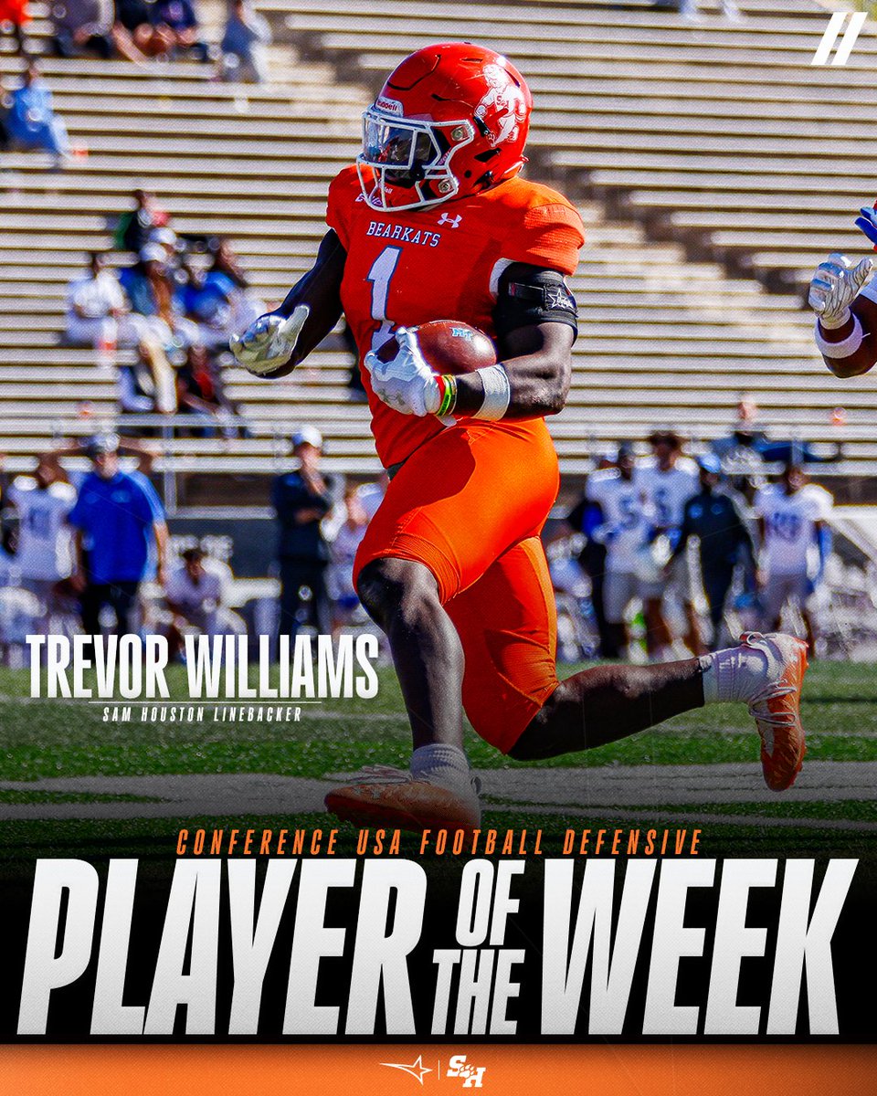 Conference USA (@conferenceusa) on Twitter photo 🏈 DEFENSIVE PLAYER OF THE WEEK 🏈
presented by Blenders Eyewear //
🏅1️⃣ Trevor Williams, <a href="/BearkatsFB/">Sam Houston Football</a>
#NoLimitsOnUs | bit.ly/46xK7WT 🏈 DEFENSIVE PLAYER OF THE WEEK 🏈
presented by Blenders Eyewear //
🏅1️⃣ Trevor Williams, <a href="/BearkatsFB/">Sam Houston Football</a>
#NoLimitsOnUs | bit.ly/46xK7WT