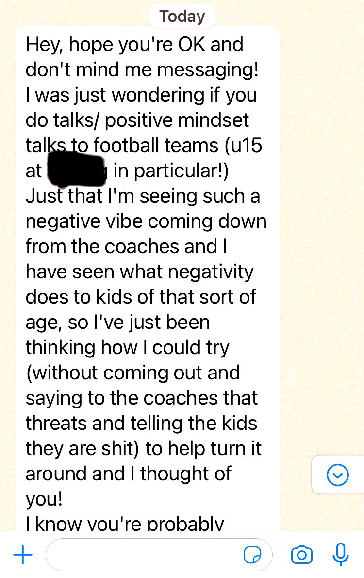 stevensallis's tweet photo. Get these messages from parents often of non league youth clubs where coaches think they are Real Madrid gaffer.
If you keep thinking knowing about football and not people is your edge you’re an idiot.
Sad message to receive
#educatingfootball
@AcademyDad1 @msceducation https://t.co/J024YkmVtL