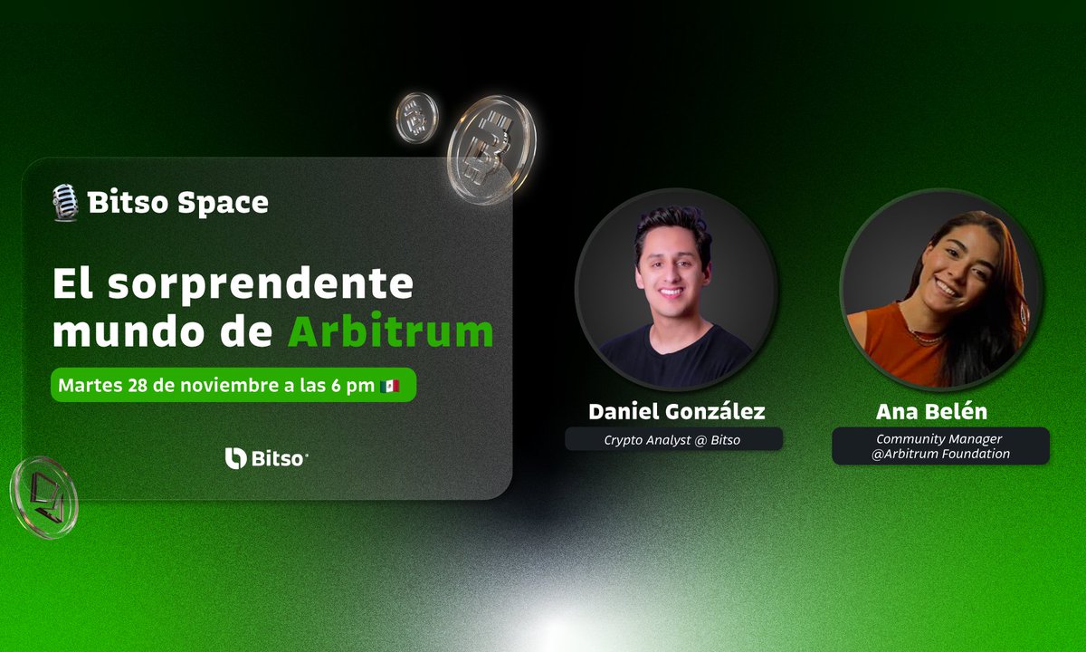 Bitso's tweet photo. 🎙 Mañana tendremos un nuevo #BitsoSpace para hablar sobre todo lo que tienes que saber de @arbitrum.

🔗 https://t.co/c5OIG5JGgn https://t.co/9H5t8z4dS1