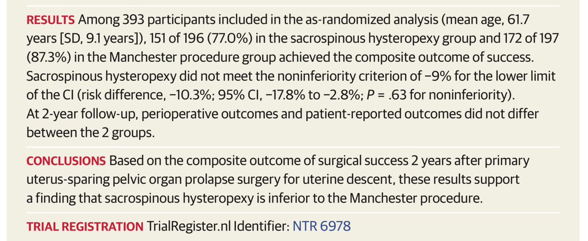 Do you offer the Manchester procedure? Last week, I performed 3 modified Manchester procedures. Patient choice was validated by this recently published landmark study. The procedure is superior to the alternative in success & safety. I'm reminded of why I became a surgeon.