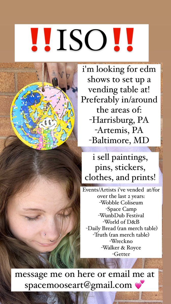 SpaceMooseArt's tweet photo. ISO EDM/JAM SHOWS TO VEND
Pref in/around Harrisburg/Artemis PA&amp;Baltimore MD. i sell paintings pins stickers clothes prints! Events/Artists ive vended for:
-GWN Wobble Coliseum 
-Grizs Space Camp
-WubnDub Fest
-World of D&amp;B
-Daily Bread
-Truth
-Wreckno https://t.co/gUehU9g8gg