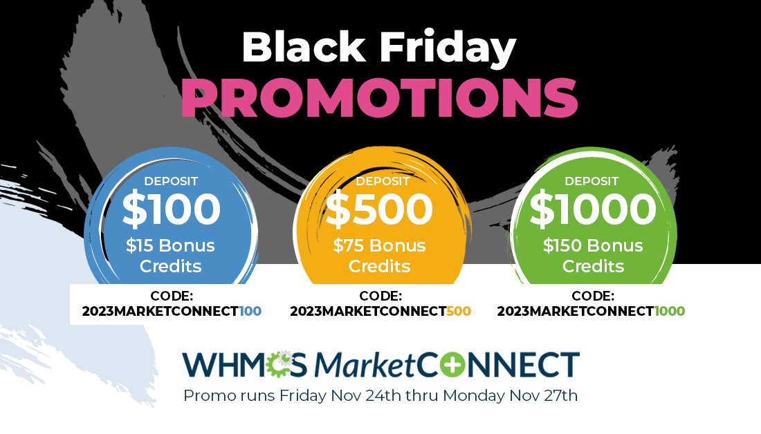 Don't miss out! Just 12 hours left to get up to $150 in FREE CREDITS 💰💰 in the MarketConnect Black Friday Deposit Promotion. Simply deposit $100 or more using one of the promo codes below. marketplace.whmcs.com/promotions/bla…