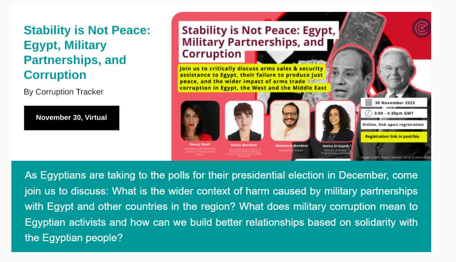 📢ICYMI: Join <a href="/ArmsTradeCT/">Corruption Tracker</a> 's event on corruption in military partnership.

Register to attend here: corruption-tracker.org/stability-is-n…
