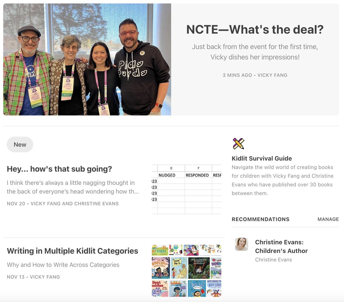 Hey, all—<a href="/christinenevans/">Christine Evans UPDATES ONLY</a> and I started a Kidlit Survival Guide where we share our thoughts from the trenches. We post free weekly and will add paid craft/business posts in January. I posted some of my personal thoughts on NCTE this week. Find us the old school way!