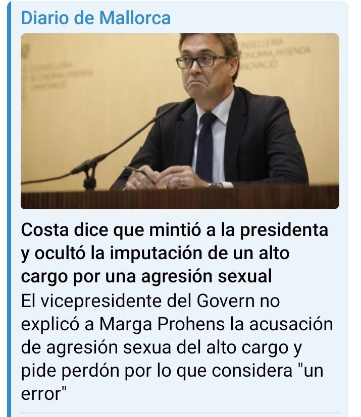 movfemmallorca's tweet photo. Tenim un vicepresident negacionista, còmplice d'un agressor i mentider. Què pensa fer amb aquest impresentable, presidenta @MargaProhens? https://t.co/kfbwLGdx7q