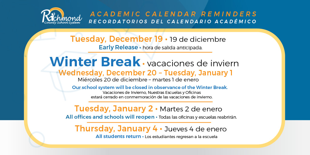 We are reminding our families of changes to our normal schedule. Our school system will operate on an early release schedule on Tuesday, December 19 for all students. Our schools and offices will be closed from December 21 – January 1 for Winter Break.