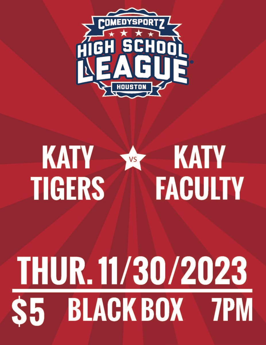 Don't miss our students versus KHS faculty ComedySportz Match THIS THURSDAY. Come out for some competitive improv and get ready to laugh! #katyhighschool #katytheatre #katyisdfinearts #katyisd #katytx