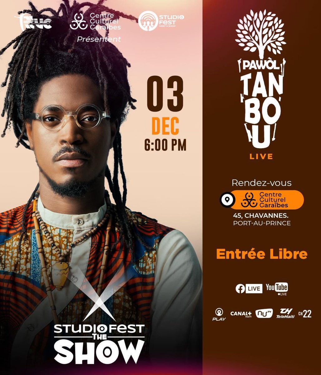 CharlesEsai's tweet photo. Desanm rive, mwa chè a ak atis chè yo… Vin koumanse l ak bon mizik ak Pawòl Tanbou jou k ap 3 Desanm 2023 a nan #StudioFest. N ap tann tout moun!
⁦@RTVCHAITI⁩ 
⁦@PTanbou⁩ 
#Studiofest https://t.co/AshORf7MJ7