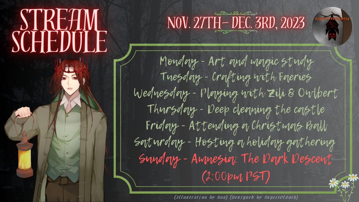 AspectOfGoth's tweet photo. Stream Schedule Nov.27-Dec.3 2023
-🦇👑
#envtuber #indievtuber #vtuber #aspectofgoth #aspectoflive https://t.co/HSsFwSr1qW