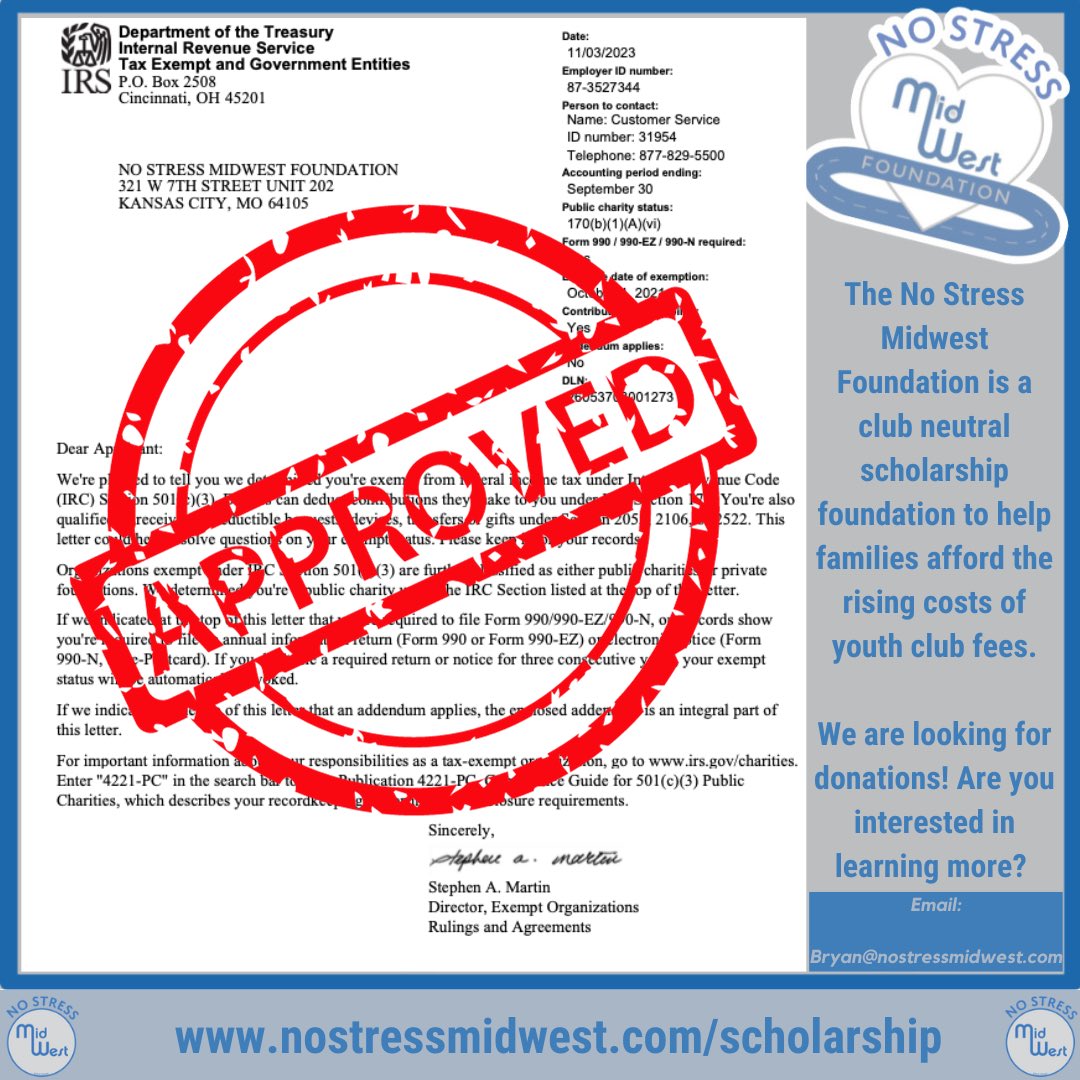 We are excited to announce the start of non profit scholarship foundation, The No Stress Midwest Foundation was created with youth athletes in mind. 
Are you interested in being one of our special donors? Reach out by email or direct message.