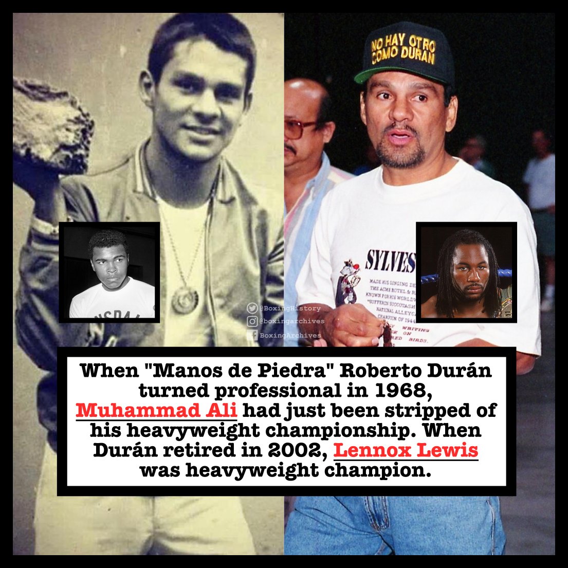 BoxingHistory's tweet photo. Roberto Durán fought for so long that his career spanned from Muhammad Ali to Lennox Lewis. https://t.co/BfyNBzuqo8