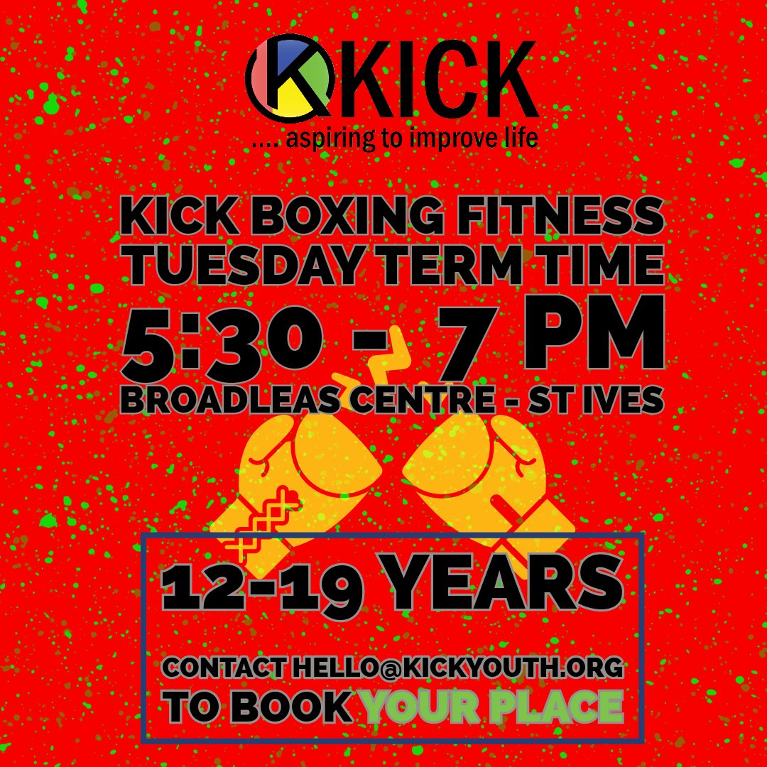 KICKyouth's tweet photo. Our KICK Boxing Fitness Club for 12-19s, runs from 5.30-7pm every Tuesday at The Broad Leas Community Centre, Norris Road, St Ives, PE27 5PT.
Contact hello@kickyouth.org for more details. 

#KICK #youthwork #stivescambs #youngpeople  #stufftodo #communityyouthwork #youngpeople23 https://t.co/TOHiOc0Enn