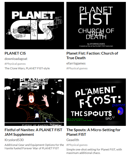 with 72 HOURS LEFT in the PLANET FIST itchfunder, that's a wrap on #PLANETFISTJAM🎲! let's do a thread on these four incredible entries:

- PLANET CIS (lmfao)
- Church of True Death
- Fistful of Nanites
- The Spouts

🔗: itch.io/jam/planet-fis…