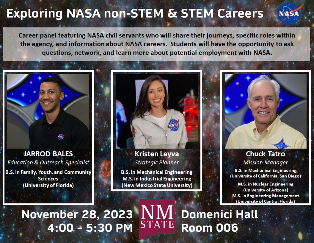 nmsuacs's tweet photo. Join NASA civil servants this Tuesday, Nov. 28, 2023, from 4 p.m. - 5:30 p.m. at Domenici Hall, as they share their experiences and deliver information about employment opportunities with NASA.🛰️#NMSUBound #NMSUAggies #AggieNation https://t.co/uicjvyA1Xp