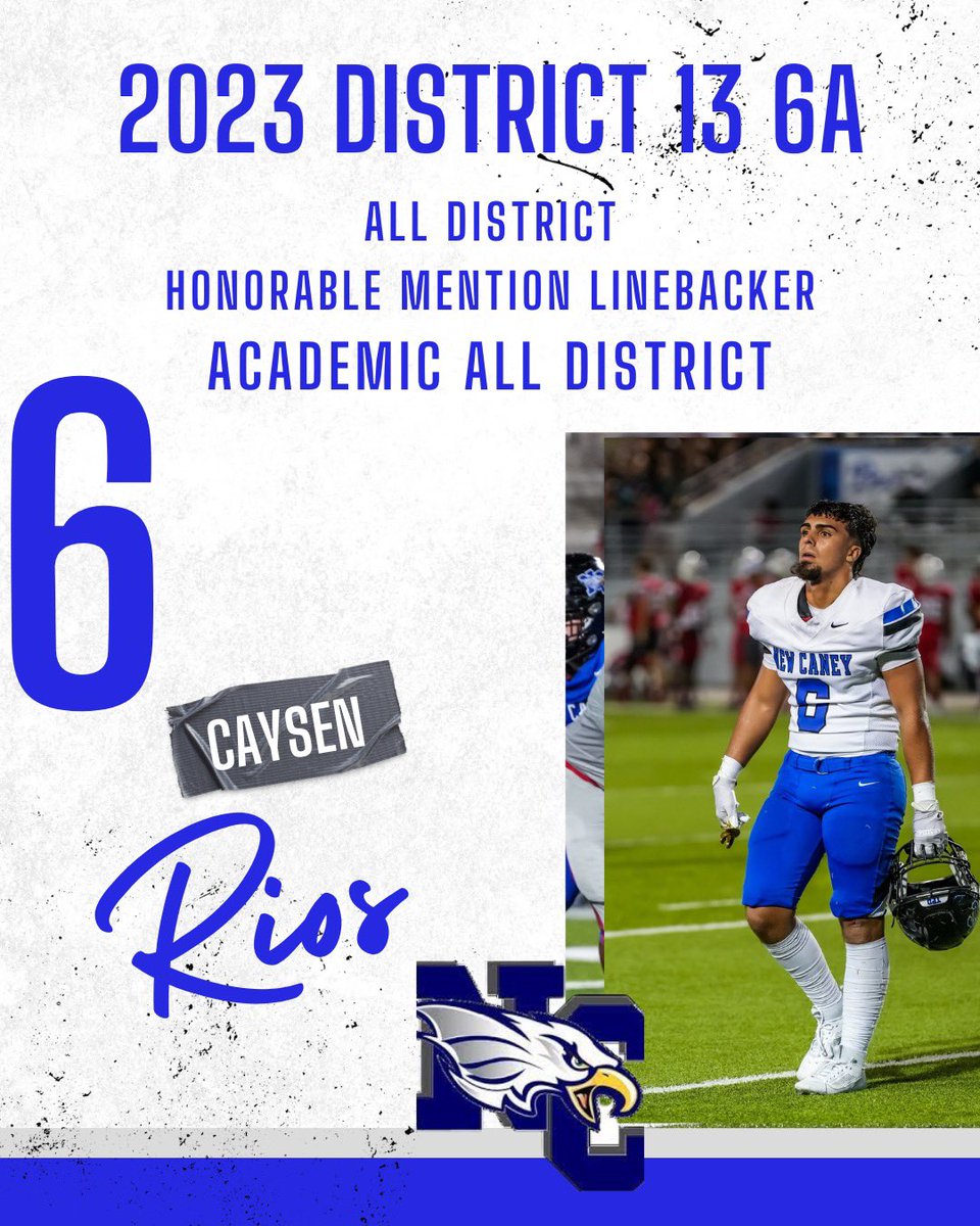 NCEagleFootball's tweet photo. Congratulations to Caysen Rios on receiving the honor of 2023 District 13-6A Honorable Mention All District Linebacker and Academic All District. Congratulations on a great year on the field and in the classroom, well deserved!#TPD #WeAreNewCaney https://t.co/mMz94unKPc