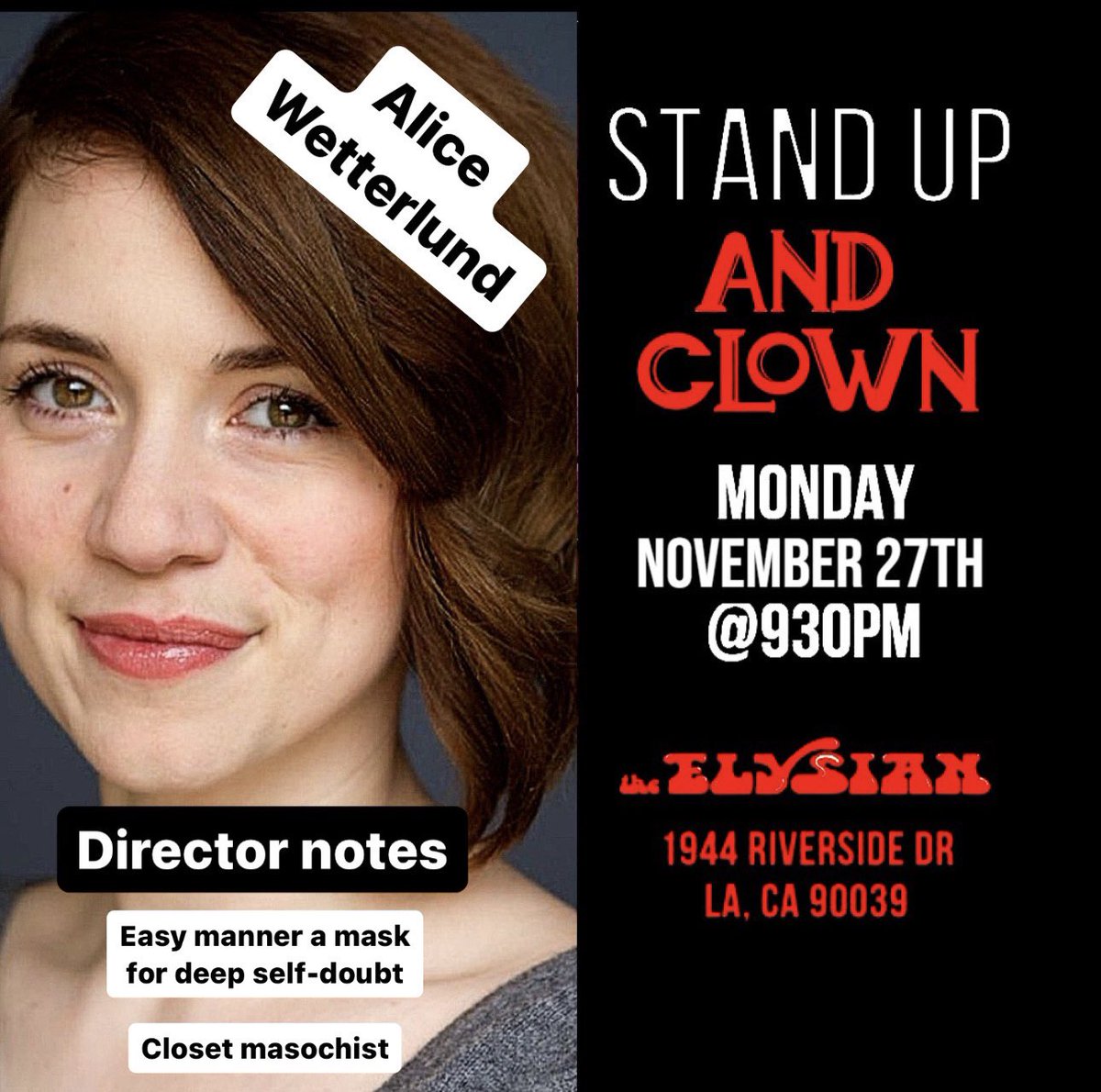 Chad Damiani (@jetzotime) on Twitter photo TONIGHT!
STAND UP AND CLOWN
930pm
<a href="/ElysianTheater/">The Elysian</a>
Clown master Chad Damiani live directs comics through their first clown show. Come see stand-ups learn the joy of suffering for art š¤”
<a href="/eddiepepitone/">eddie pepitone</a>
<a href="/alicewetterlund/">Alice Wetterlund</a>
<a href="/HannahPilkes/">Hannah Pilkes</a>
<a href="/emilybrowntown/">emily browning</a>
elysiantheater.com/shows/standupa⦠TONIGHT!
STAND UP AND CLOWN
930pm
<a href="/ElysianTheater/">The Elysian</a>
Clown master Chad Damiani live directs comics through their first clown show. Come see stand-ups learn the joy of suffering for art š¤”
<a href="/eddiepepitone/">eddie pepitone</a>
<a href="/alicewetterlund/">Alice Wetterlund</a>
<a href="/HannahPilkes/">Hannah Pilkes</a>
<a href="/emilybrowntown/">emily browning</a>
elysiantheater.com/shows/standupaā¦