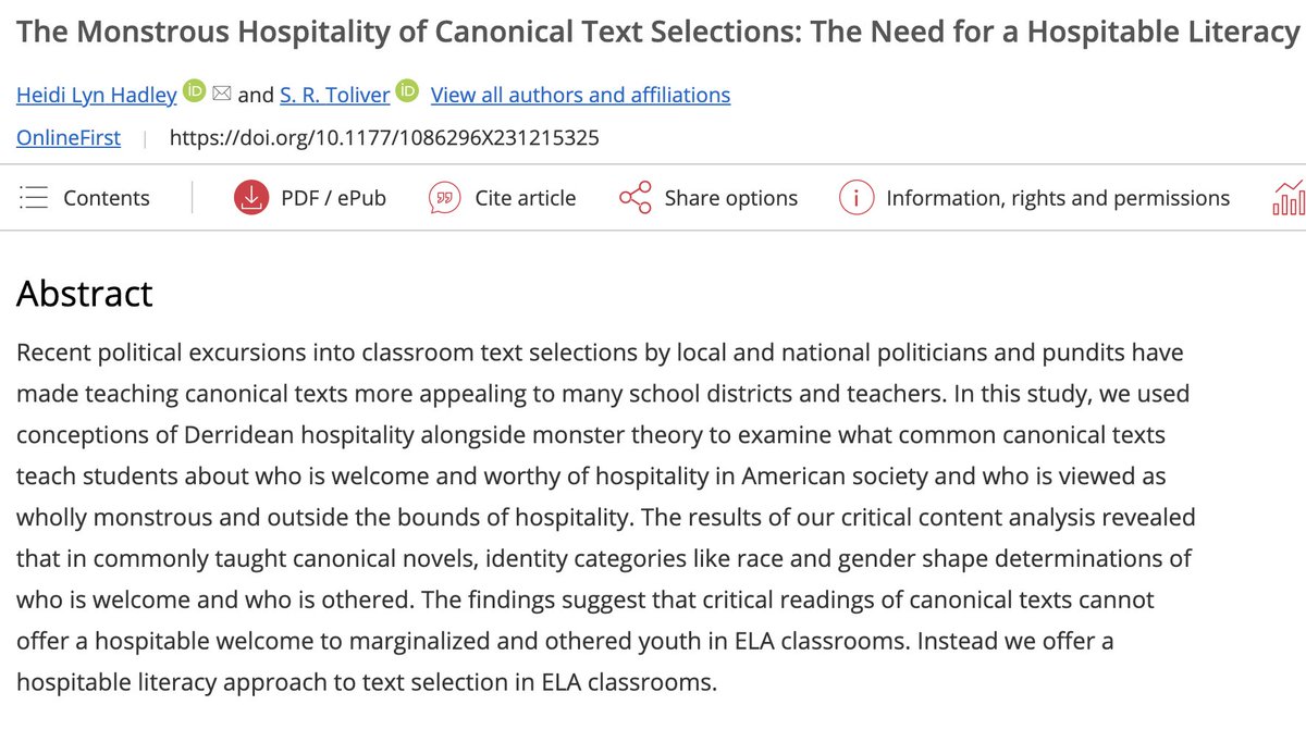 @SR_Toliver is one of my favorite scholars, coauthors, and friends, so it's always excited when a piece we wrote together comes out. We wrote this piece in JLR that grapples with canonical texts in high school ELA classrooms and explores the limits of applying critical approaches