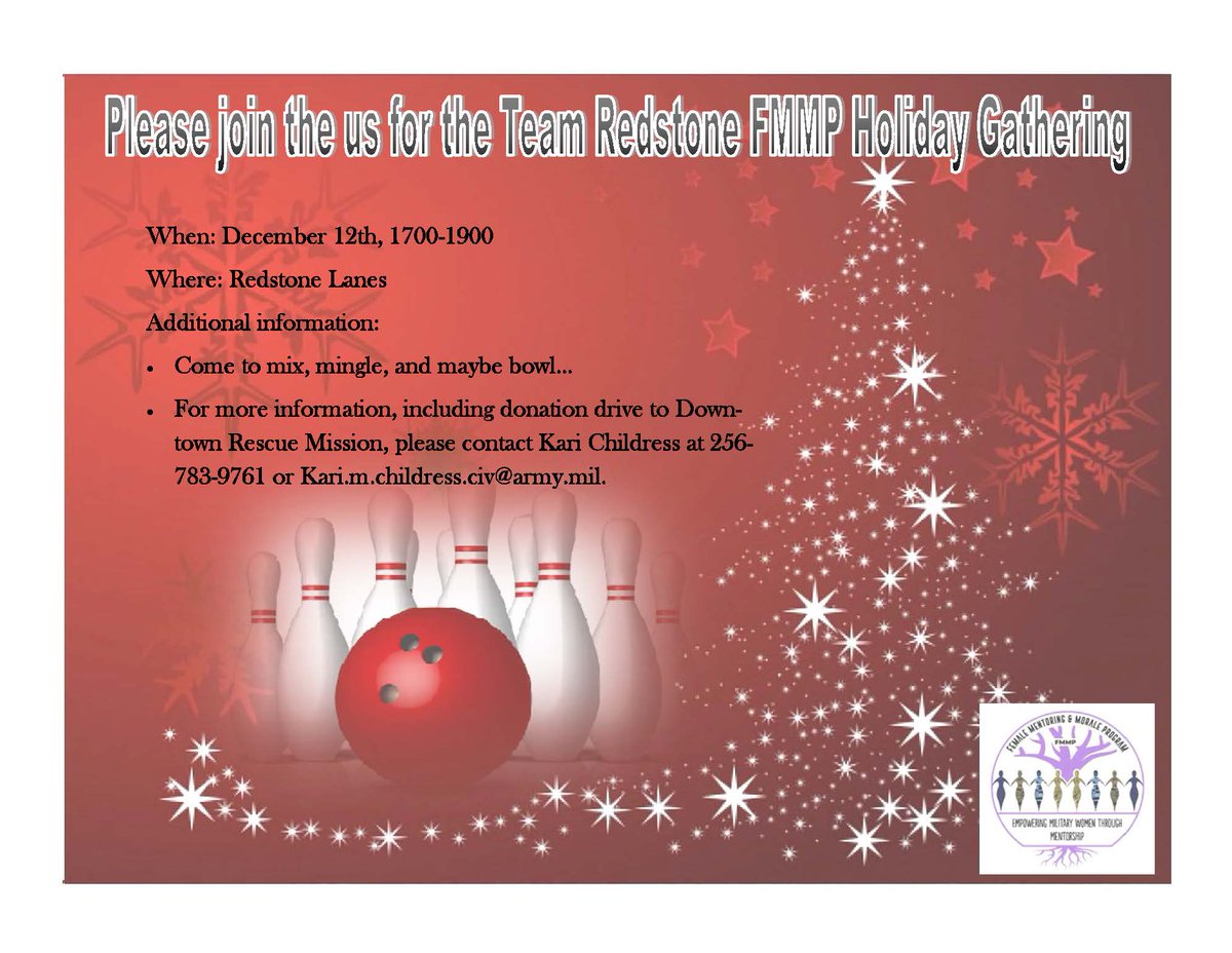 TeamRedstone's tweet photo. The Redstone Arsenal Female Mentoring and Morale Program is hosting a Holiday Gathering at Redstone Lanes, Dec. 12 from 5 p.m. through 7 p.m. Come for fellowship and stay to bowl! #FMMP https://t.co/3BnM7RBkls