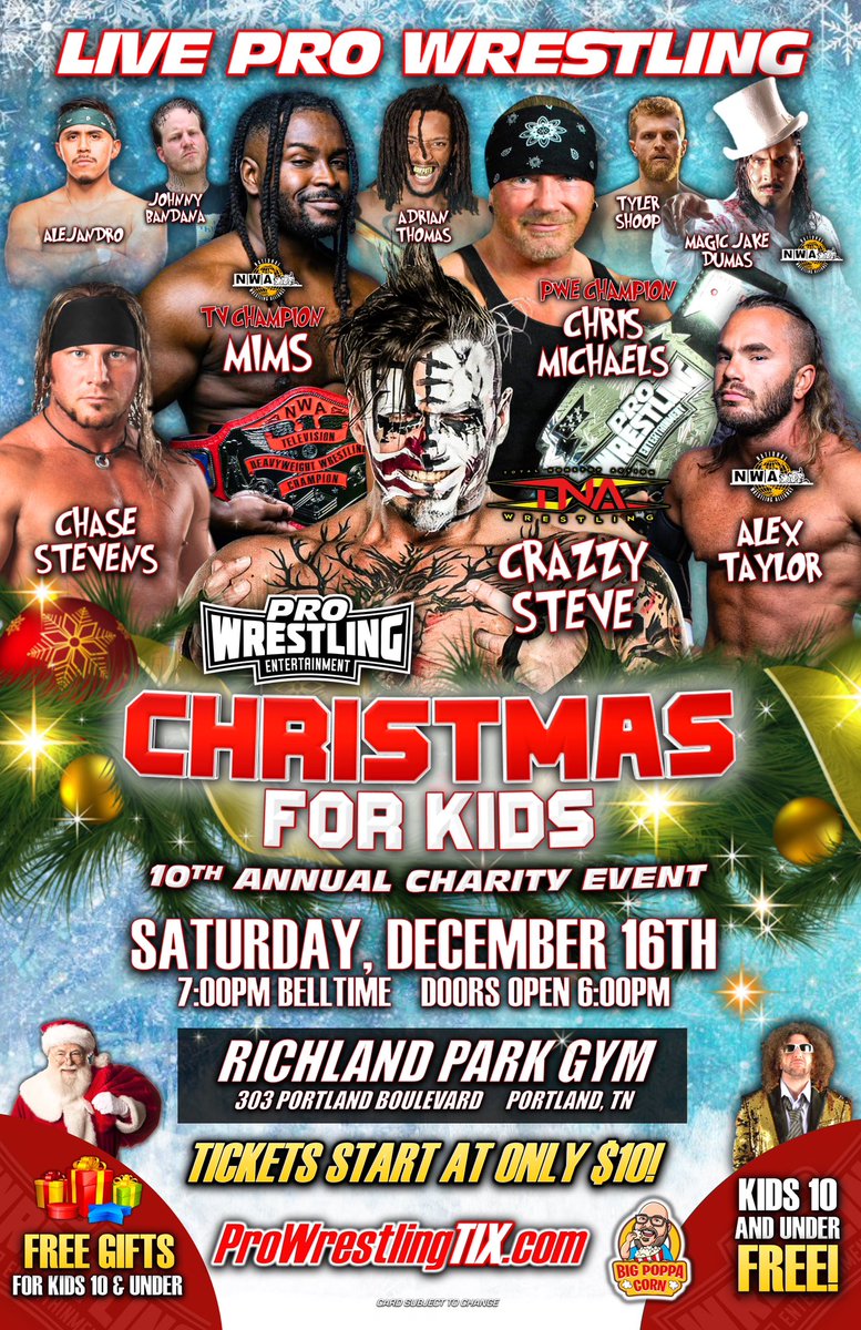RealJasonJames's tweet image. 👕MERCH MONDAY👕

TODAY ONLY save 30% on general admission tickets to Pro Wrestling Entertainment: Christmas for Kids 2023 in Portland, TN December 16th!

Use code “CYBER” at checkout NOW!!!

🎟️ProWrestlingTIX.com