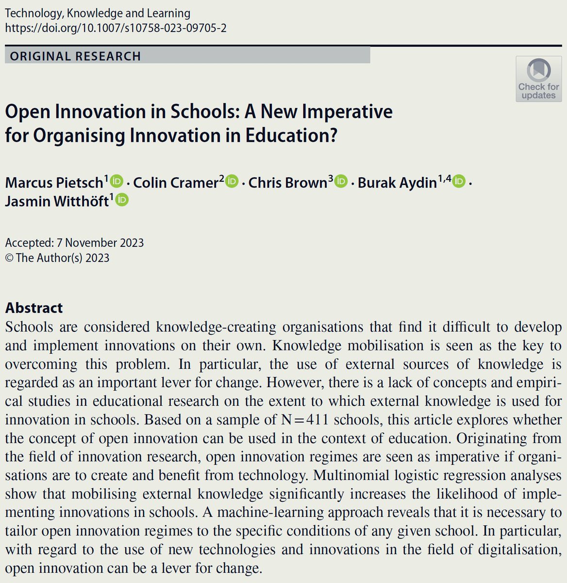 Colin Cramer (@colincramer2) on Twitter photo In their new article, Marcus Pietsch, <a href="/ColinCramer2/">Colin Cramer</a>, <a href="/ChrisBrown1475/">Chris Brown</a>, Burak Aydin and Jasmin Witthöft show how external knowledge can be used for „Open Innovation“ in schools.
researchgate.net/publication/37… In their new article, Marcus Pietsch, <a href="/ColinCramer2/">Colin Cramer</a>, <a href="/ChrisBrown1475/">Chris Brown</a>, Burak Aydin and Jasmin Witthöft show how external knowledge can be used for „Open Innovation“ in schools.
researchgate.net/publication/37…