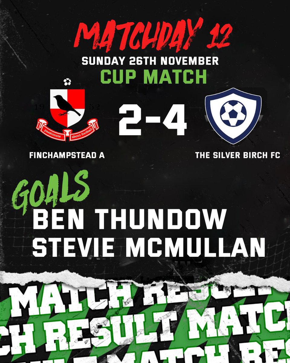 OUT ❌ 
Sadly our cup run has come to an end. A few sloppy errors and some clinical finishing from the opposition means it’s league action only for the lads!

Good luck to Silver Birch in the next round 

#UPTHEFINCH 🟢⚫️