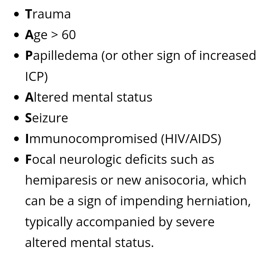 MoreXGrok's tweet photo. When do you need a head CT before an LP?

Here is a quick mnemonic for patients in whom you should consider a CT before an LP, with the acronym 

“TAP AS IF”. https://t.co/mjjOuQH2ij