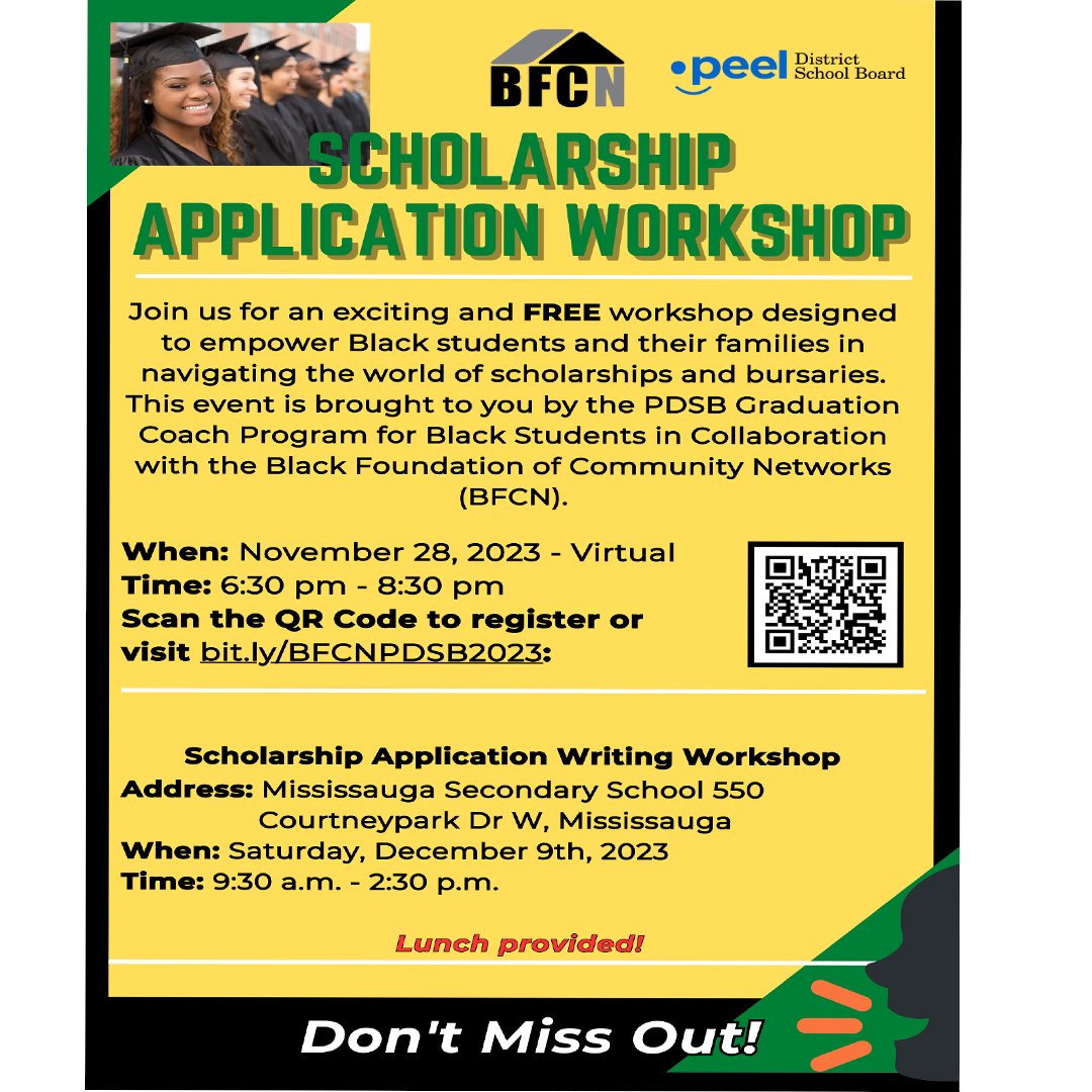 Join us tomorrow, November 28th, for a free virtual scholarship application workshop designed to empower Black students! 

Register at bit.ly/BFCNPDSB2023