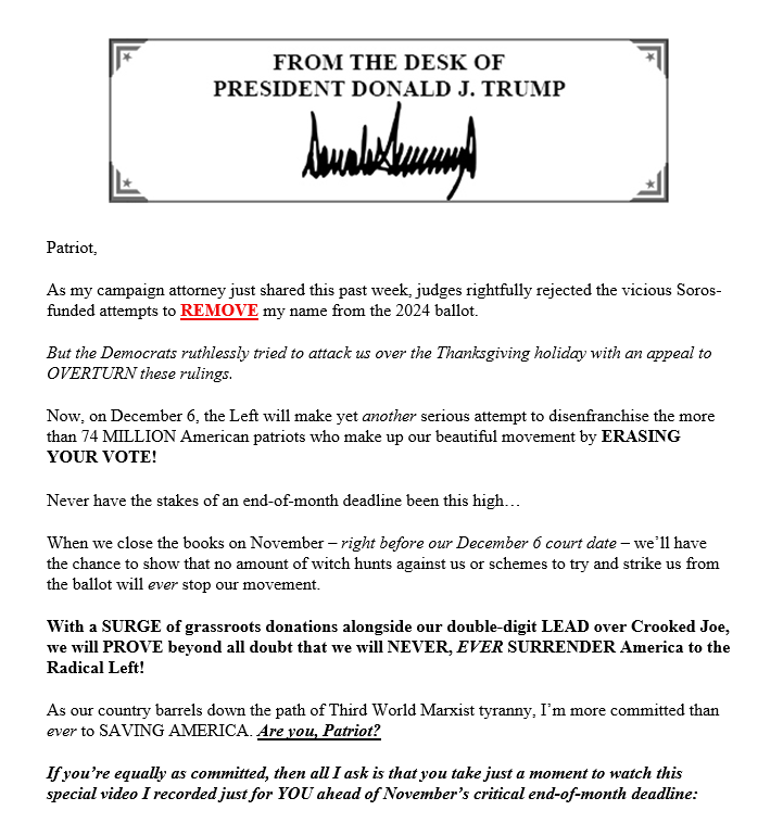 IamVyv's tweet photo. The #GrifterInChief is very busy sending begging messages from his #Scampacs. I guess he must need cash to get Melanoma a Christmas present, to keep her sweet.
Re his comment, "The verdict is in": he has not yet been declared the candidate. So, yet more BS . https://t.co/BcTX2XRuIH