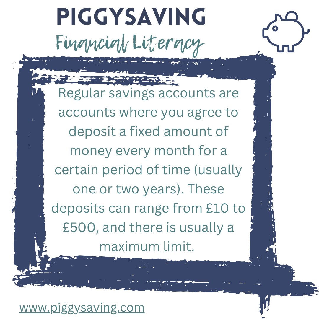 piggysaving's tweet photo. Regular savings accounts are accounts where you agree to deposit a fixed amount of money every month for a certain period of time. These deposits can range from £10 to £500, there is usually a max limit. #savingaccounts #regularsavingaccount  #financialliteracy https://t.co/xvQk7R1XqW