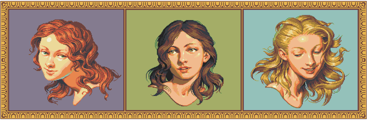 The last three portraits together.
#pixelart 

Got a "three graces" thing going on, so I decided to give them a fancy frame.
