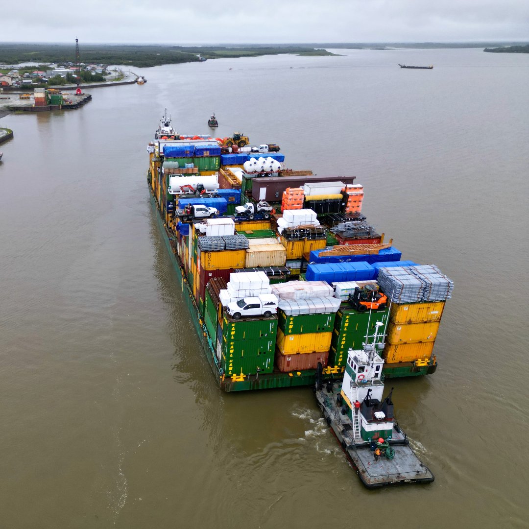 LyndenInc's tweet photo. Check out this overhead shot of our Alaska Marine Lines barge in Alaska, stacked with a wide variety of cargo, including multiple trucks!

#AlaskaMarineLines #transportation #logistics #shipping #Lynden #Barge #BargeService #Alaska https://t.co/WI1hSpl5mw