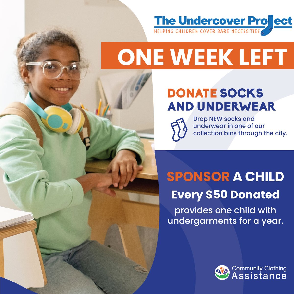 TbAssistance's tweet image. Last Week to Make a Difference with Undercover!

Time is running out, and your support is more critical than ever! 

 Drop off your donations at any of our multiple locations.
Visit our website to make a monetary contribution: clothingassistance.com/main_website/d…