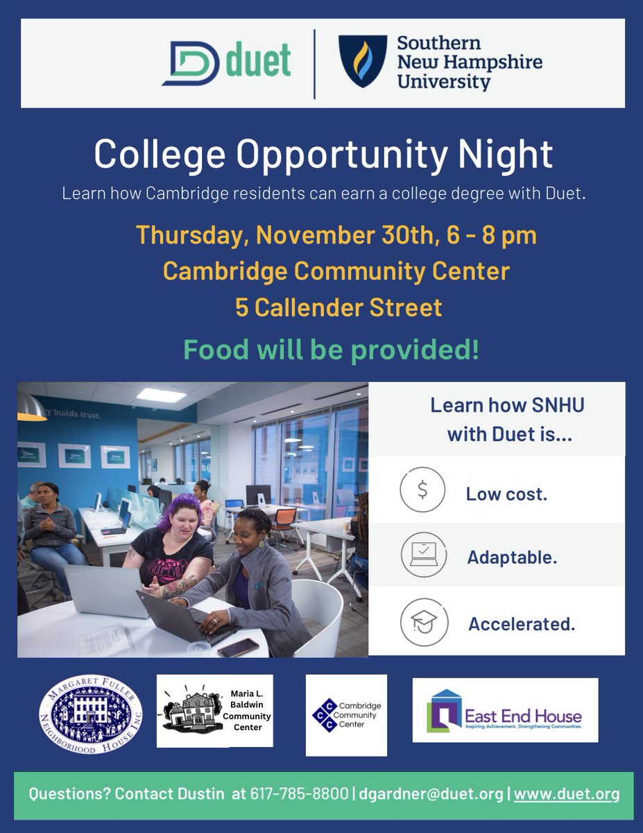 Please join us for a special conversation with DUET this Thursday. The event will take place at the Cambridge Community Center from 6:00 - 8:00 PM. We hope to see you there! ✏️
