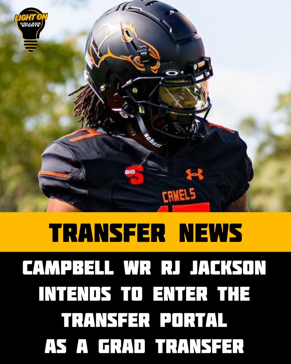 LightOnSports's tweet photo. Campbell WR RJ Jackson intends to enter the transfer portal as a grad transfer, per his social media.

He has 2 years of eligibility remaining.

@RjJackson1one https://t.co/AKc5qoXNTn