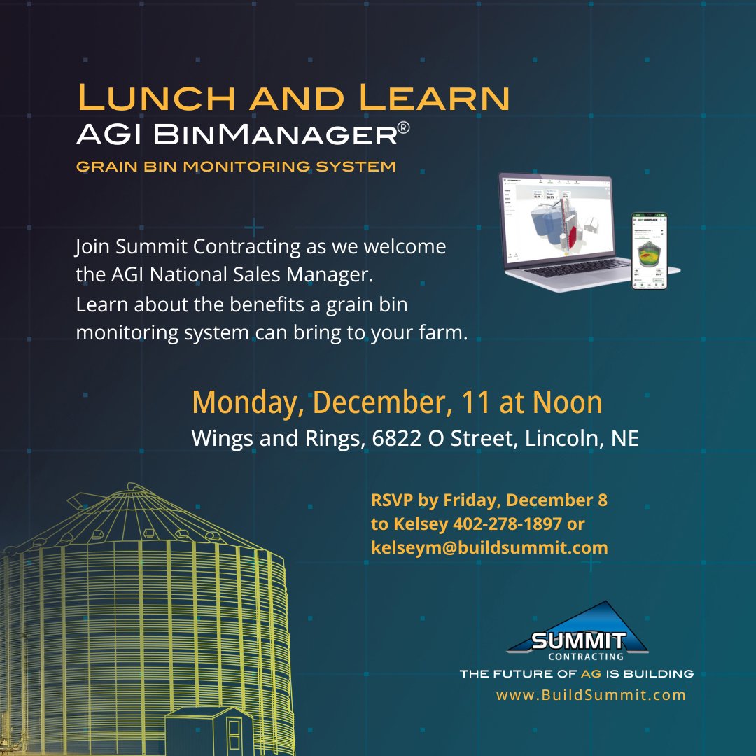 Calling Nebraska grain farmers!
Join us at Wings and Rings (6822 O Street, Lincoln, NE) on December 11th at Noon for an exclusive talk by AGI's National Sales Manager about BinManager®. Discover how this innovative tool can benefit your farming operation.