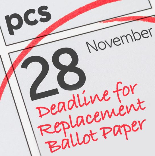 Tuesday 28 November, 5pm is the deadline for requesting a replacement ballot paper for our general secretary and assistant general secretary elections. If you've lost your ballot paper, you've lost your vote - order a replacement on PCS Digital. pcs.org.uk/news-events/ne…