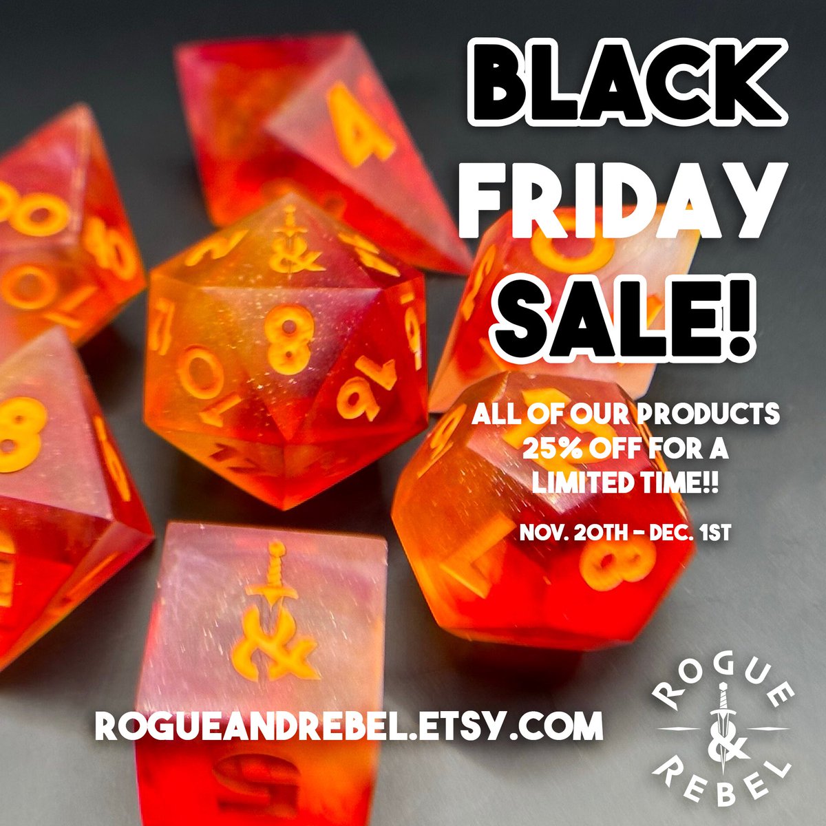RogueRebelGames's tweet photo. Our Black Friday Sale continues!! From now until Dec. 1st all our products are 25% off including miniatures and handmade sharp-edge resin dice! 

https://t.co/xrRpy9BUHb

#BlackFriday #etsy #etsyhandmade #EtsySeller #etsystore #SupportSmallBusiness #DnD #dnd5e #dungeonsanddragons https://t.co/ejWywzAa6l