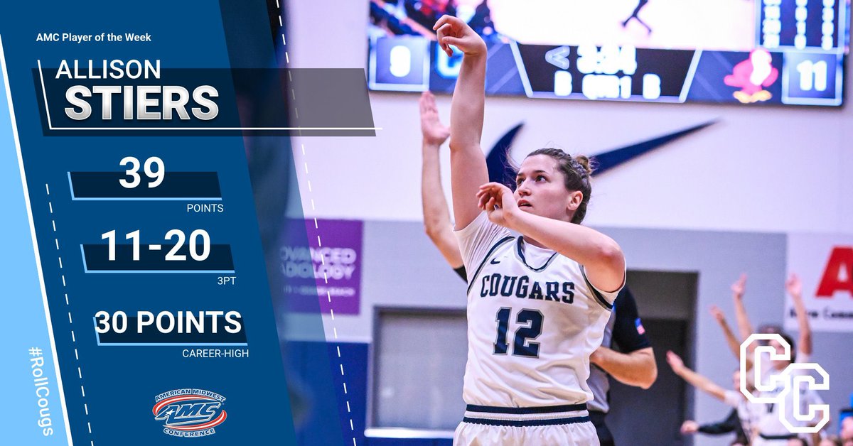 ColumbiaCougars's tweet photo. 🚨🏀 Allison Stiers earns AMC Player of the Week honors after setting a new career high with 30 points and also tying a program record with eight made three’s in the same game! 

#WeAreCC https://t.co/KdGD3vkbZv